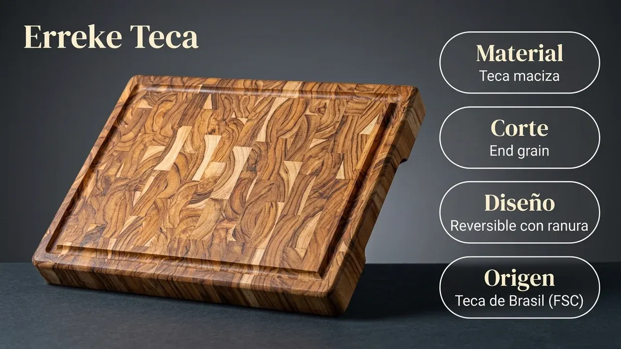 Ficha técnica de la tabla Erreke: teca maciza, corte end grain a contraveta, diseño reversible con ranura perimetral y teca de Brasil con certificación FSC