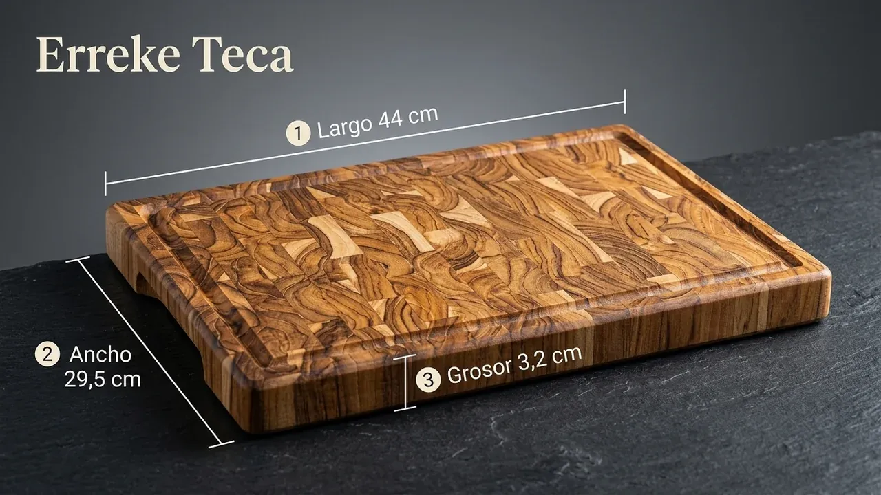 Medidas de la tabla de corte Erreke de teca end grain: 44 cm de largo, 29,5 cm de ancho y 3,2 cm de grosor