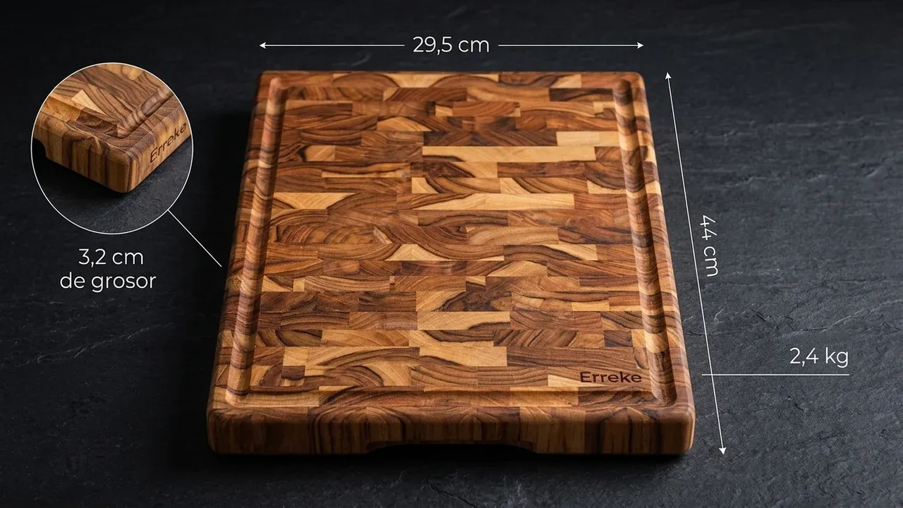 Tabla de corte Erreke de teca de veta testa con sus medidas: 44 cm de largo, 29 cm de ancho, 3,2 cm de grosor y unos 2 kg