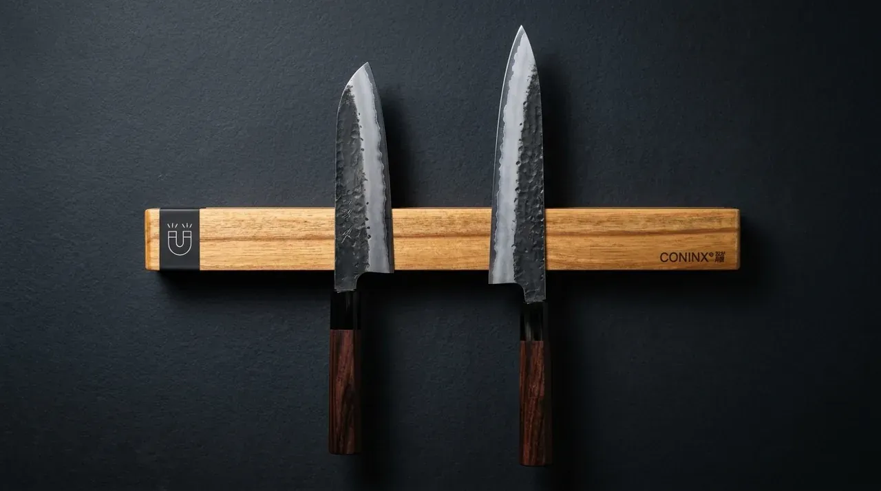 Barra magnética Coninx de madera de acacia sobre pared con cuchillo nakiri japonés