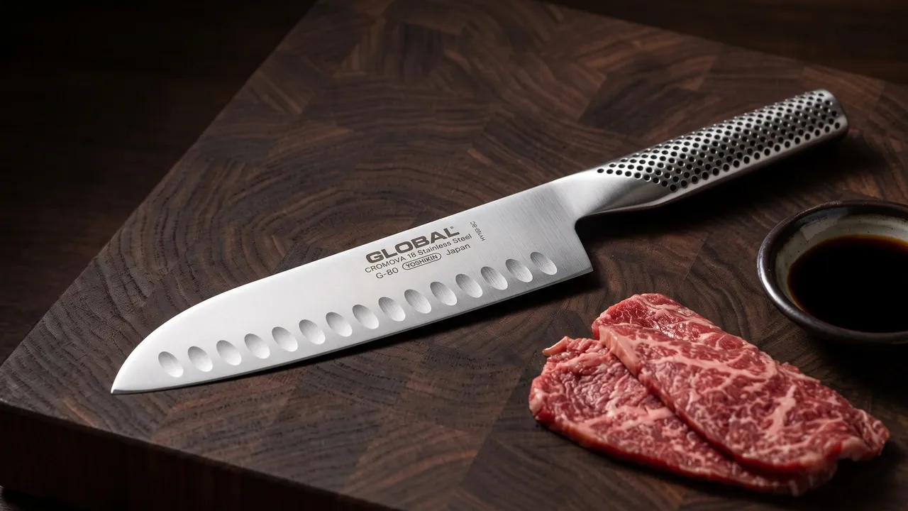 Global Santoku G-80 de 18 cm, todo de acero y con la hoja alveolada, sobre una tabla de roble oscuro junto a filetes de ternera y un cuenco de salsa de soja