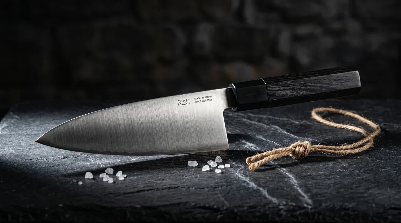 Cuchillo KAI Seki Magoroku Deba 180mm sobre washi oscuro con cristales de sal y cuerda de yute