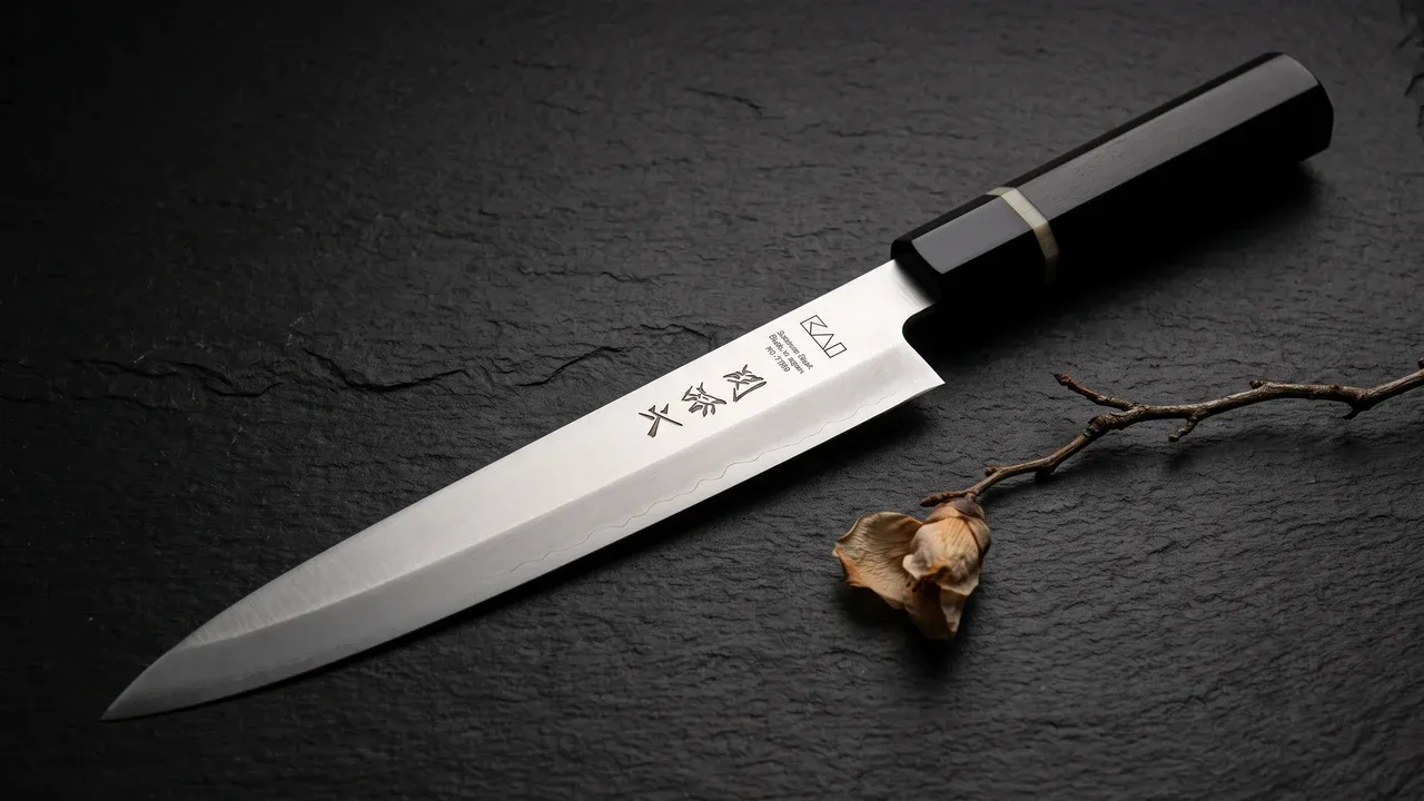 Cuchillo KAI Seki Magoroku KK Yanagiba de 27 cm de bisel único sobre pizarra oscura con mango octogonal de pakka negra