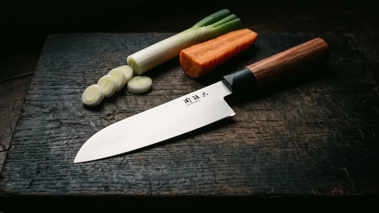 Cuchillo KAI Seki Magoroku Redwood Santoku de 17 cm con mango de madera rojiza sobre una tabla de roble oscuro, junto a un puerro japonés en rodajas y media zanahoria