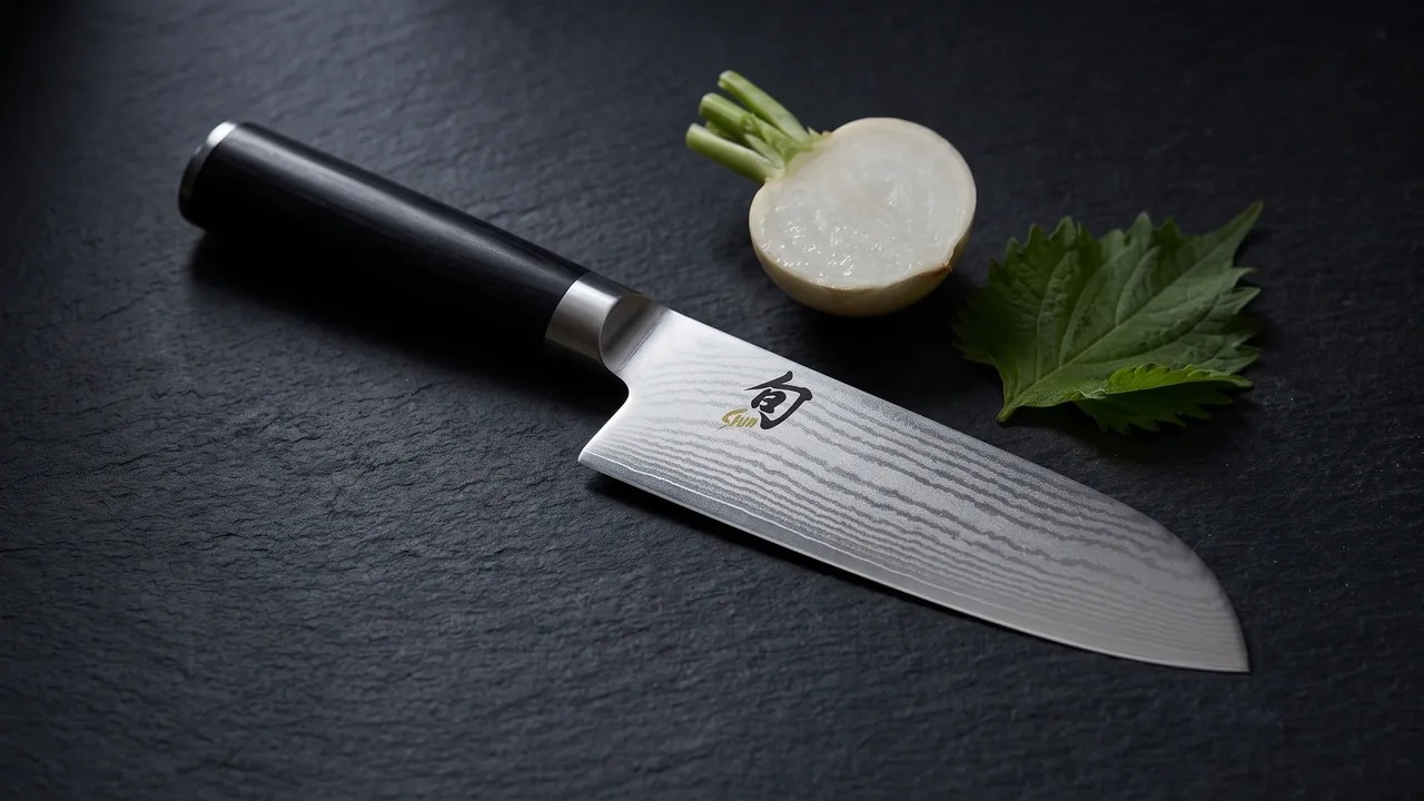 KAI Shun Classic Santoku 14 cm con hoja de damasco y mango negro sobre basalto oscuro, junto a medio nabo y una hoja de shiso