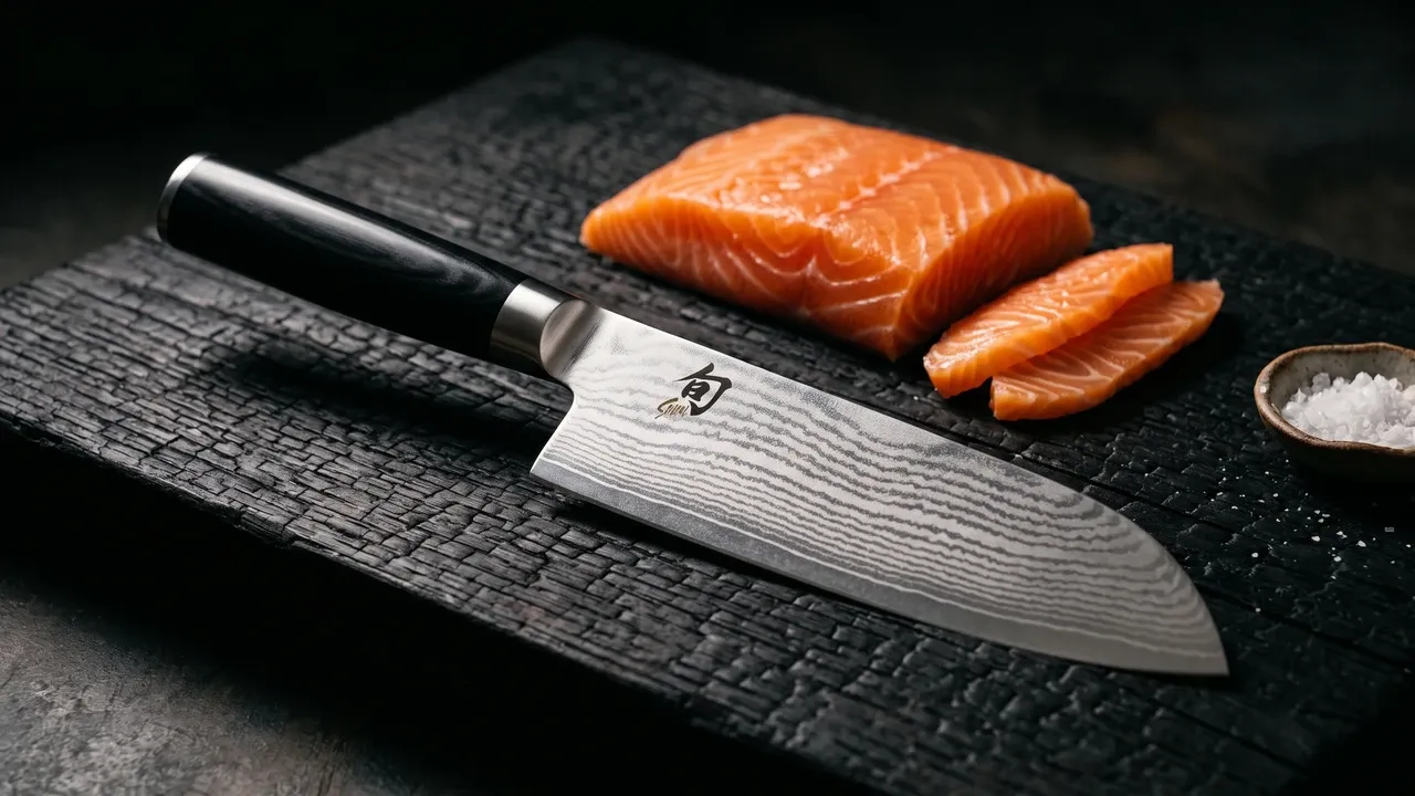 KAI Shun Classic Santoku 18 cm con hoja de damasco y mango negro sobre una tabla de madera quemada, junto a un lomo de salmón y un cuenco de sal