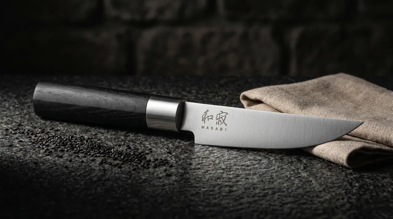 Cuchillo KAI Wasabi Black Deba 210mm sobre granito oscuro con semillas de sésamo y paño de lino