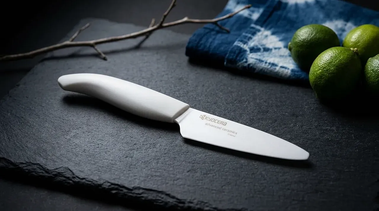 Cuchillo pelador Kyocera Revolution de hoja blanca de cerámica y mango blanco sobre pizarra oscura junto a limas