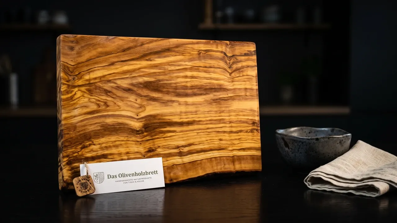Tabla de corte Das Olivenholzbrett de olivo macizo 41x30 cm con canto natural de corteza, sobre lino crudo arrugado con rama de olivo y cuchillo bunka japonés