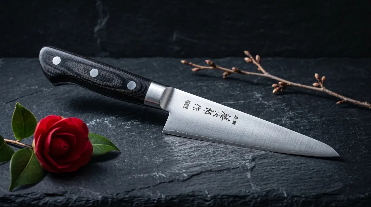 Cuchillo Tojiro DP Honesuki 15 cm de hoja triangular acero VG-10 sobre pizarra oscura vista cenital