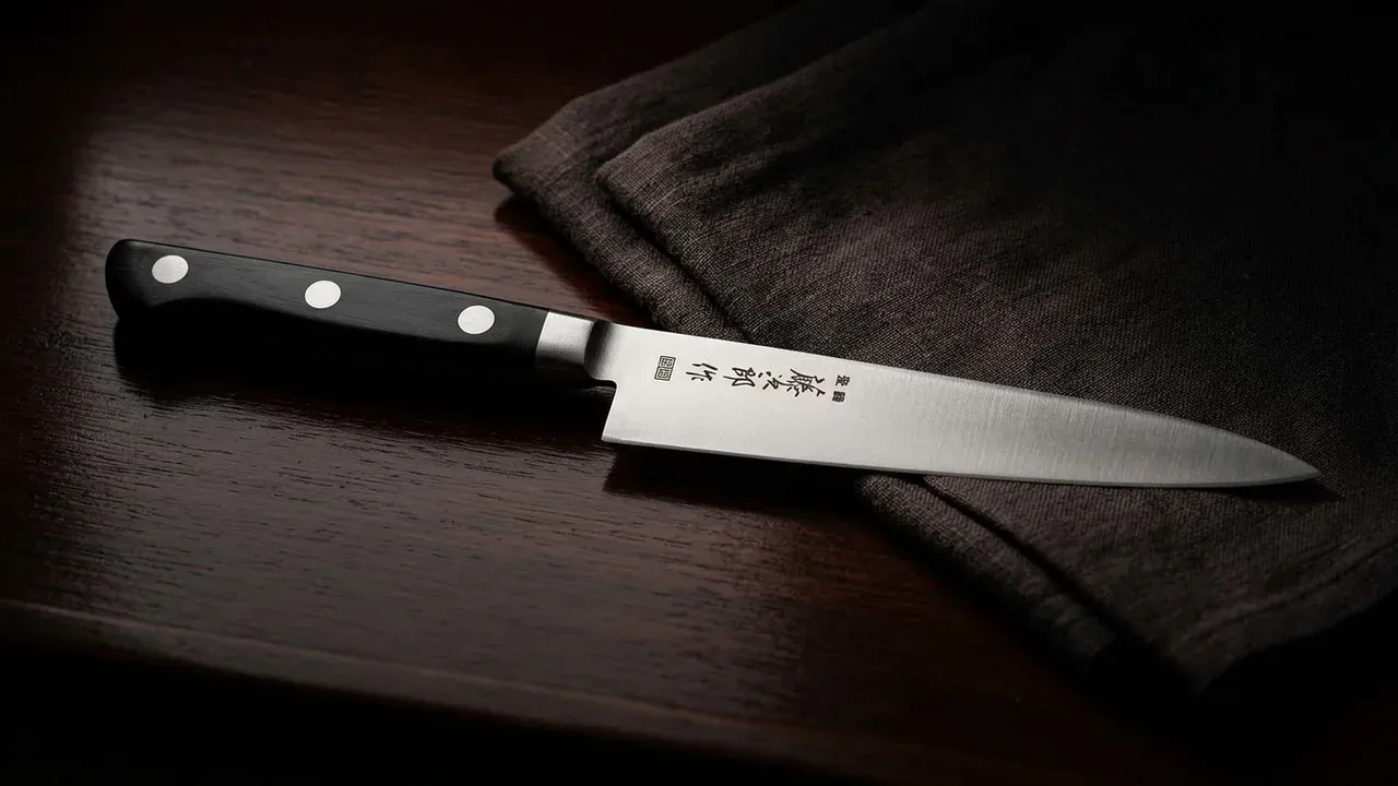 Cuchillo Tojiro DP Petty 150mm con hoja VG-10 de tres capas y mango de madera sobre pizarra oscura