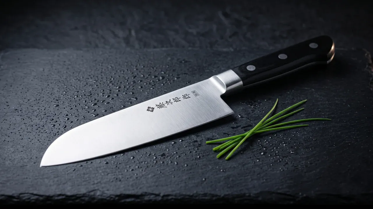 Tojiro DP Santoku 17 cm de acero VG-10 con grabado kanji y mango negro sobre pizarra oscura con brizna de cebollino