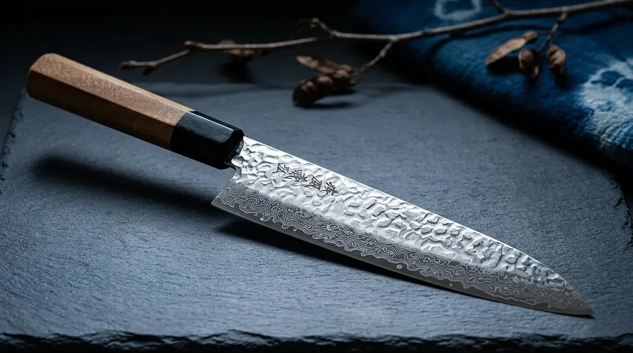 Cuchillo Yoshihiro Gyuto 210mm con hoja de damasco martillado VG-10 y mango octogonal de ambrosía sobre pizarra oscura