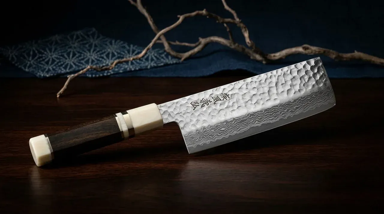 Cuchillo Yoshihiro Nakiri 165mm con hoja rectangular de damasco martillado VG-10 y mango octogonal de ambrosía sobre madera lacada oscura
