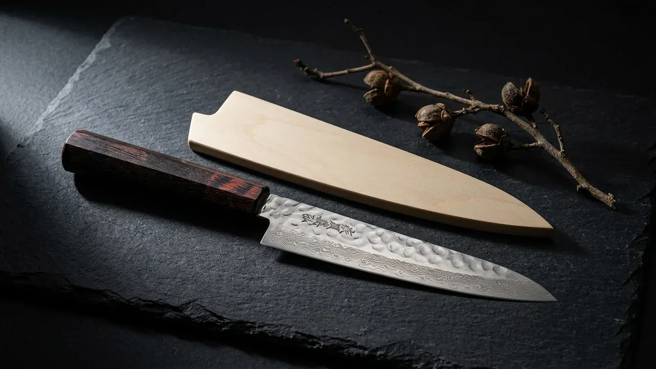 Cuchillo Yoshihiro NSW Damasco Petty 150mm con hoja de damasco martillado VG-10 y mango wa de palisandro sobre pizarra oscura con saya de madera