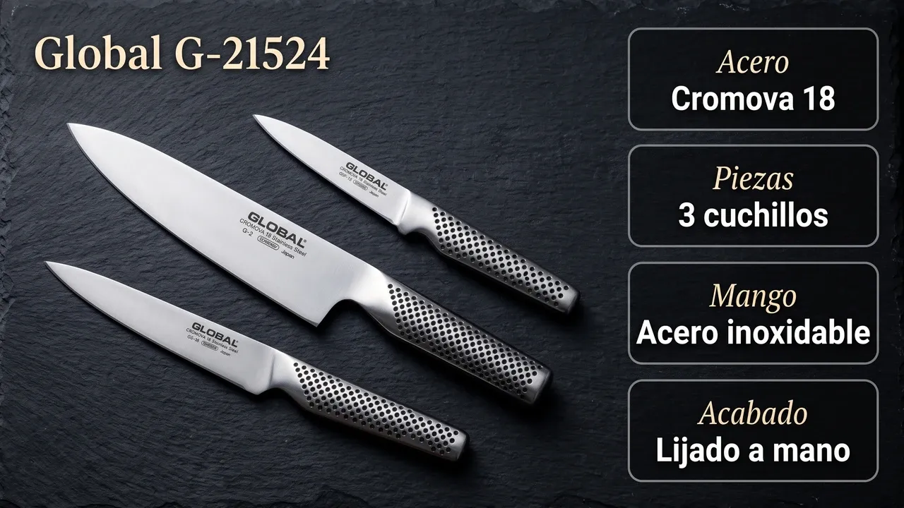 Ficha técnica del set Global G-21524: acero Cromova 18, 3 cuchillos, mango de acero inoxidable y acabado lijado a mano