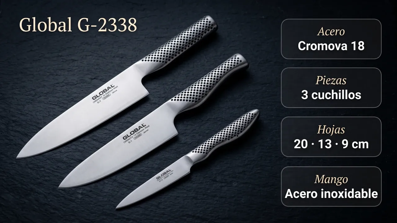 Ficha técnica del set Global G-2338: acero Cromova 18, 3 cuchillos, hojas de 20, 13 y 9 cm y mango de acero inoxidable