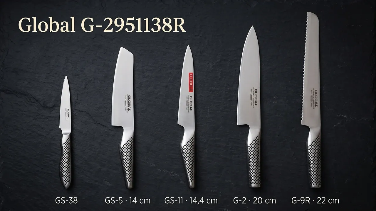 Composición del set Global G-2951138R: GS-38, GS-5 de 14 cm, GS-11 flexible de 14,4 cm, G-2 de 20 cm y G-9R de pan de 22 cm