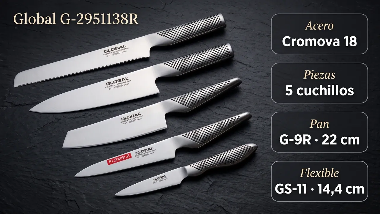 Ficha técnica del set Global G-2951138R: acero Cromova 18, 5 cuchillos, pan G-9R de 22 cm y GS-11 flexible de 14,4 cm