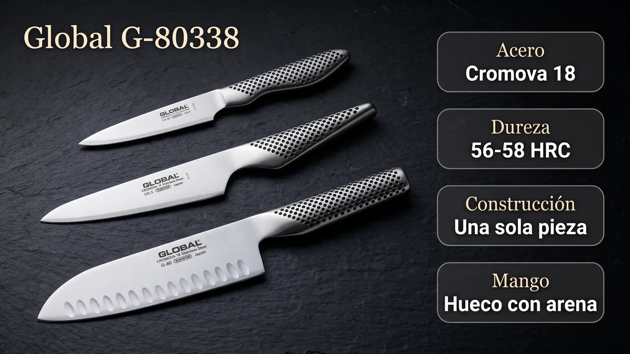 Ficha técnica del set Global G-80338: acero Cromova 18, 56-58 HRC, construcción de una sola pieza y mango hueco con arena