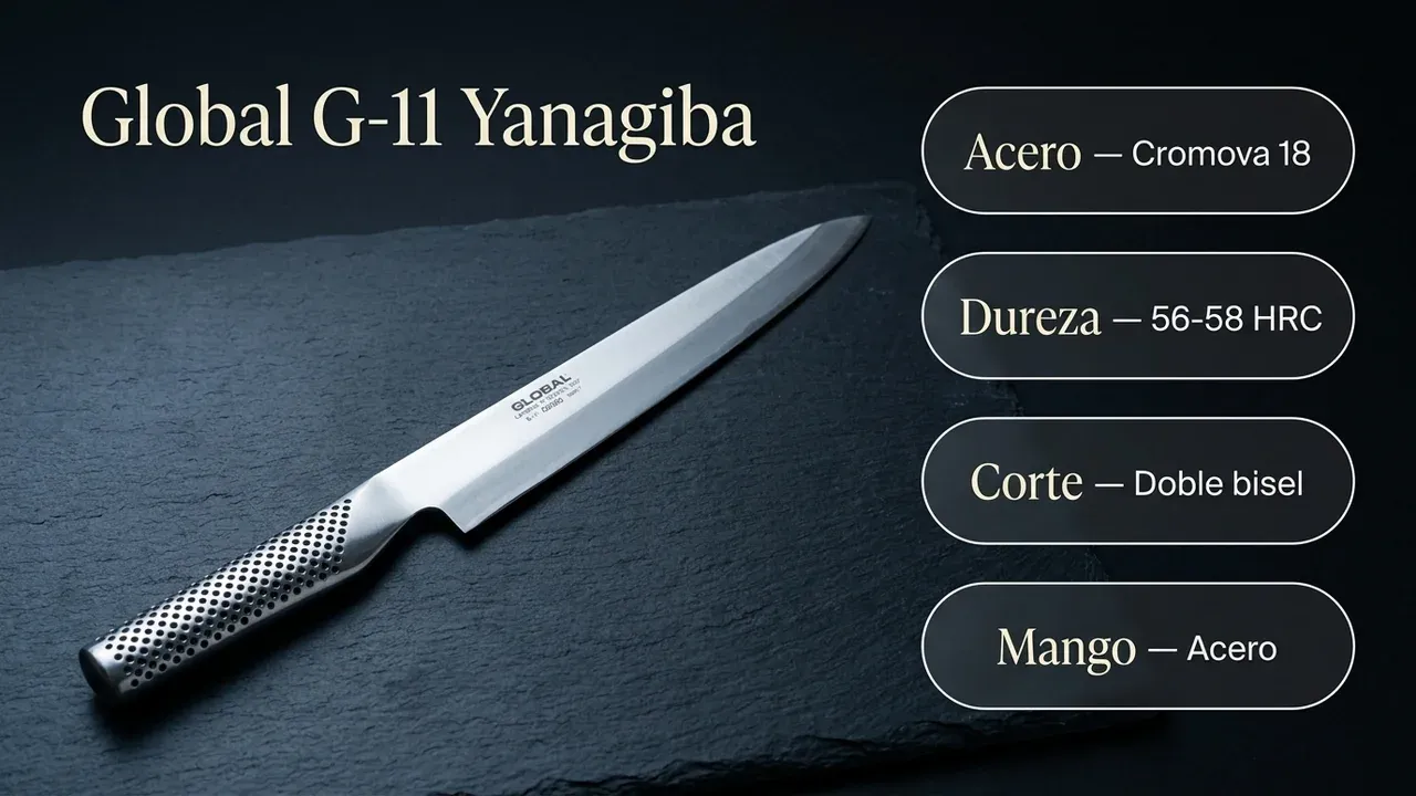 Ficha técnica del Global G-11 Yanagiba: acero Cromova 18, 56-58 HRC de dureza, doble bisel simétrico y mango integrado de acero inoxidable