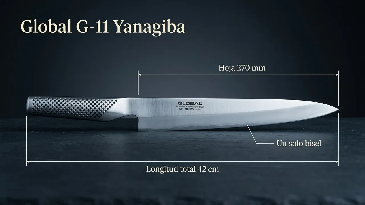 Medidas del cuchillo Global G-11 Yanagiba: 270 mm de hoja larga de sashimi, 42 cm de longitud total y doble bisel