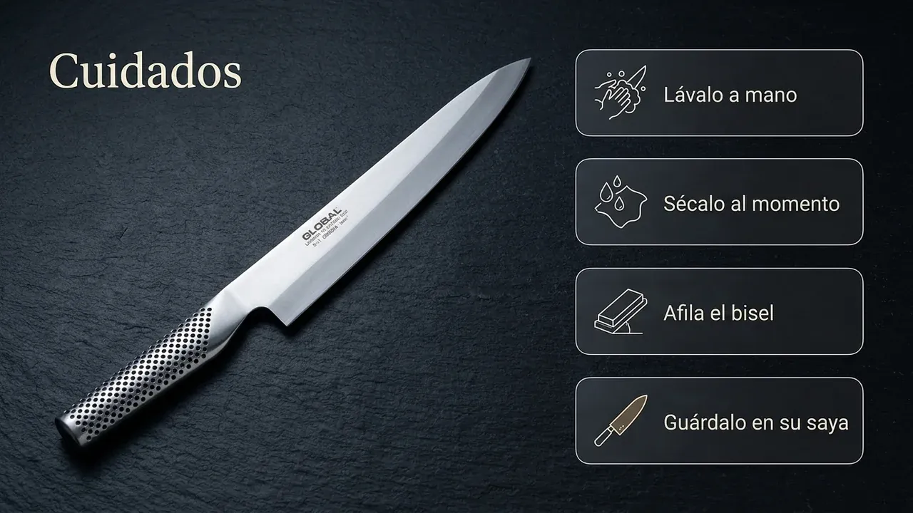 Cuidados del cuchillo Global G-11 Yanagiba: lavar a mano, secar al momento, afilar por las dos caras en piedra y guardar en su saya