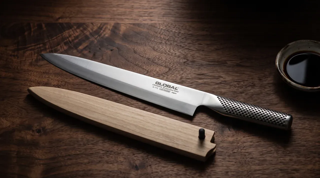 Yanagi sashimi Global G-11L para zurdos sobre nogal oscuro veteado, con una saya de magnolia en paralelo Yanagi sashimi Global G-11L para zurdos sobre nogal oscuro veteado, con una saya de magnolia en paralelo