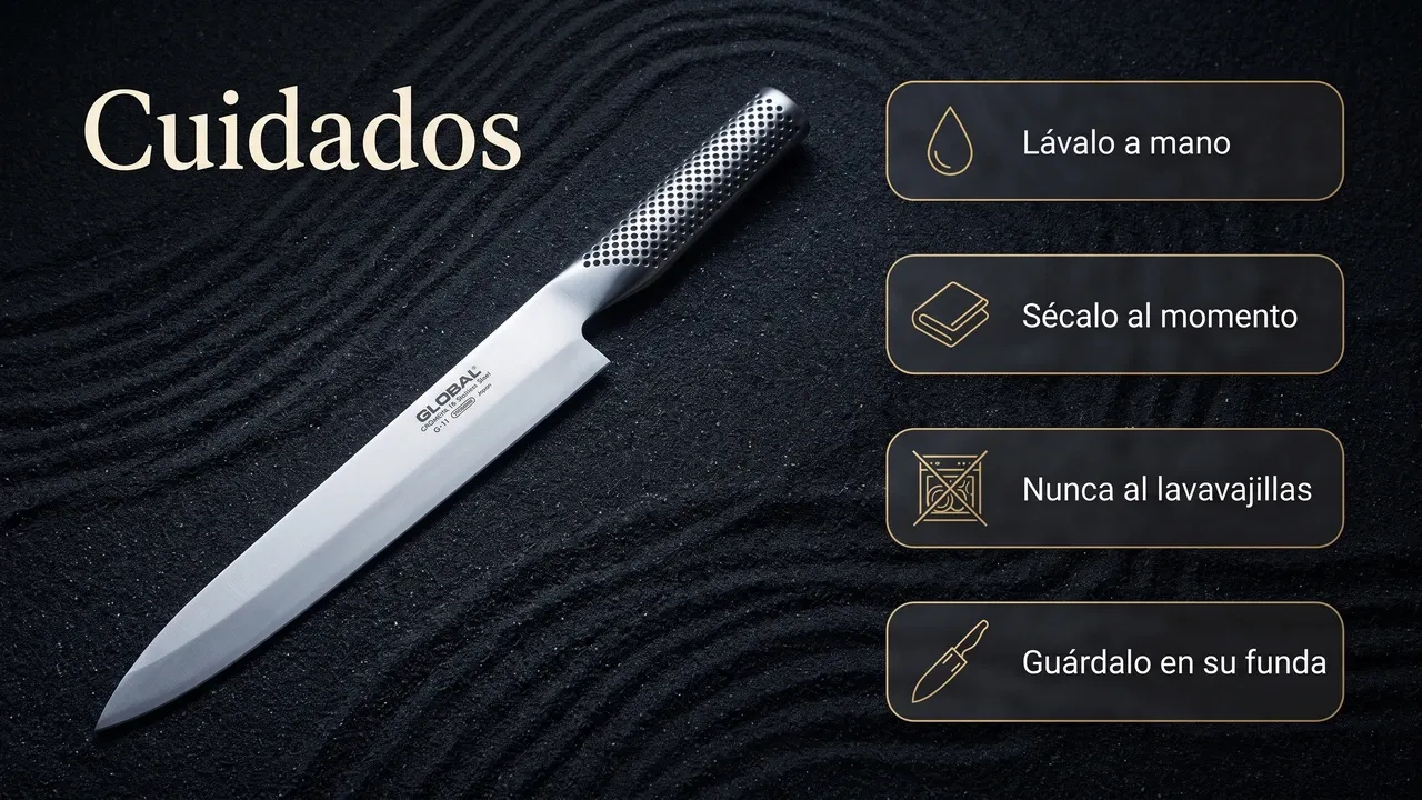 Cuidados del yanagi sashimi Global G-11L zurdo: lavar a mano, secar al momento, nunca al lavavajillas y guardarlo en su funda