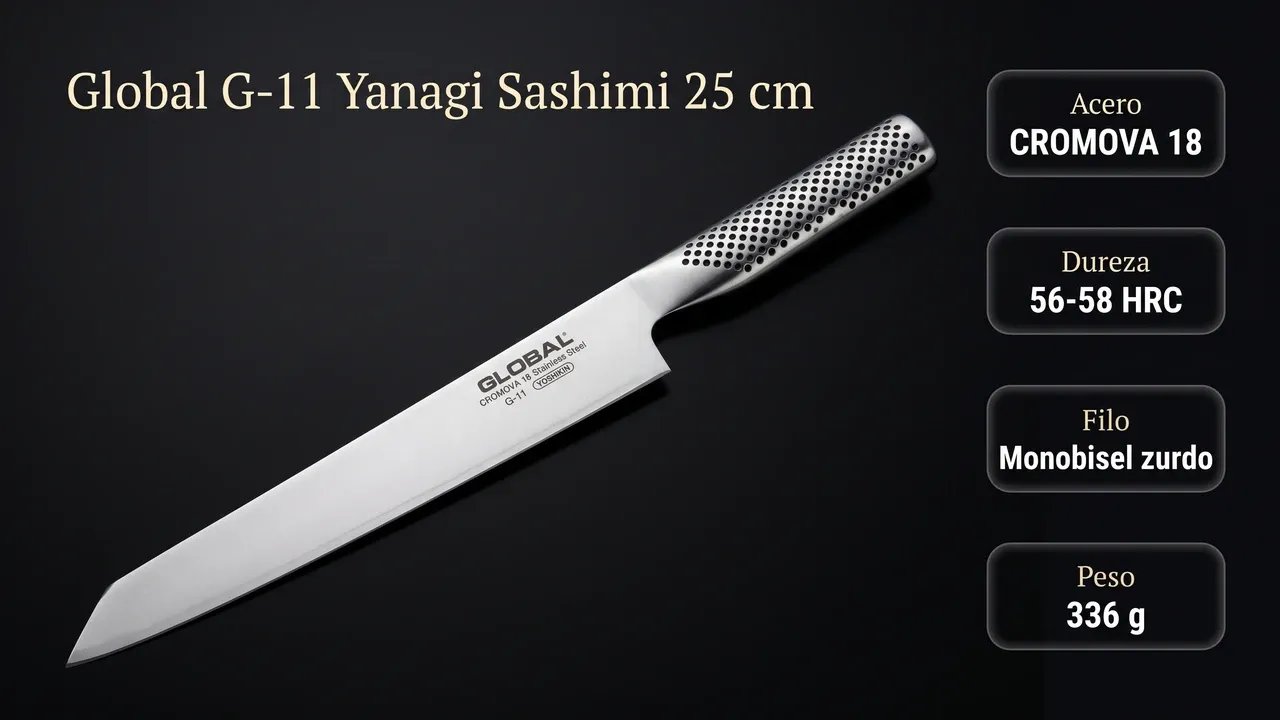 Ficha técnica del yanagi sashimi Global G-11L zurdo: acero CROMOVA 18, 56-58 HRC de dureza, monobisel invertido a 15 grados y 336 gramos de peso