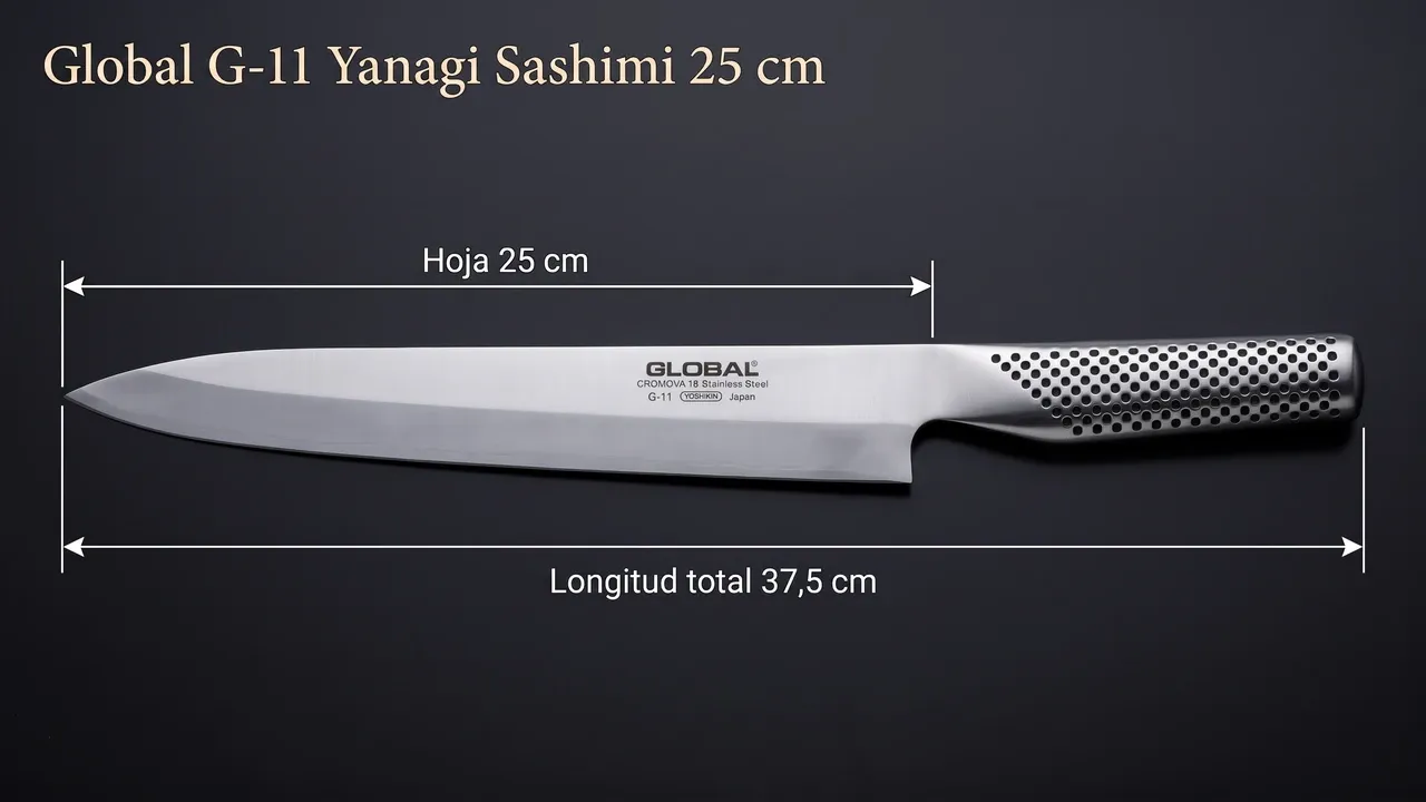 Medidas del yanagi sashimi Global G-11L para zurdos: 25 cm de hoja y 37,5 cm de longitud total, con el mango de acero lastrado