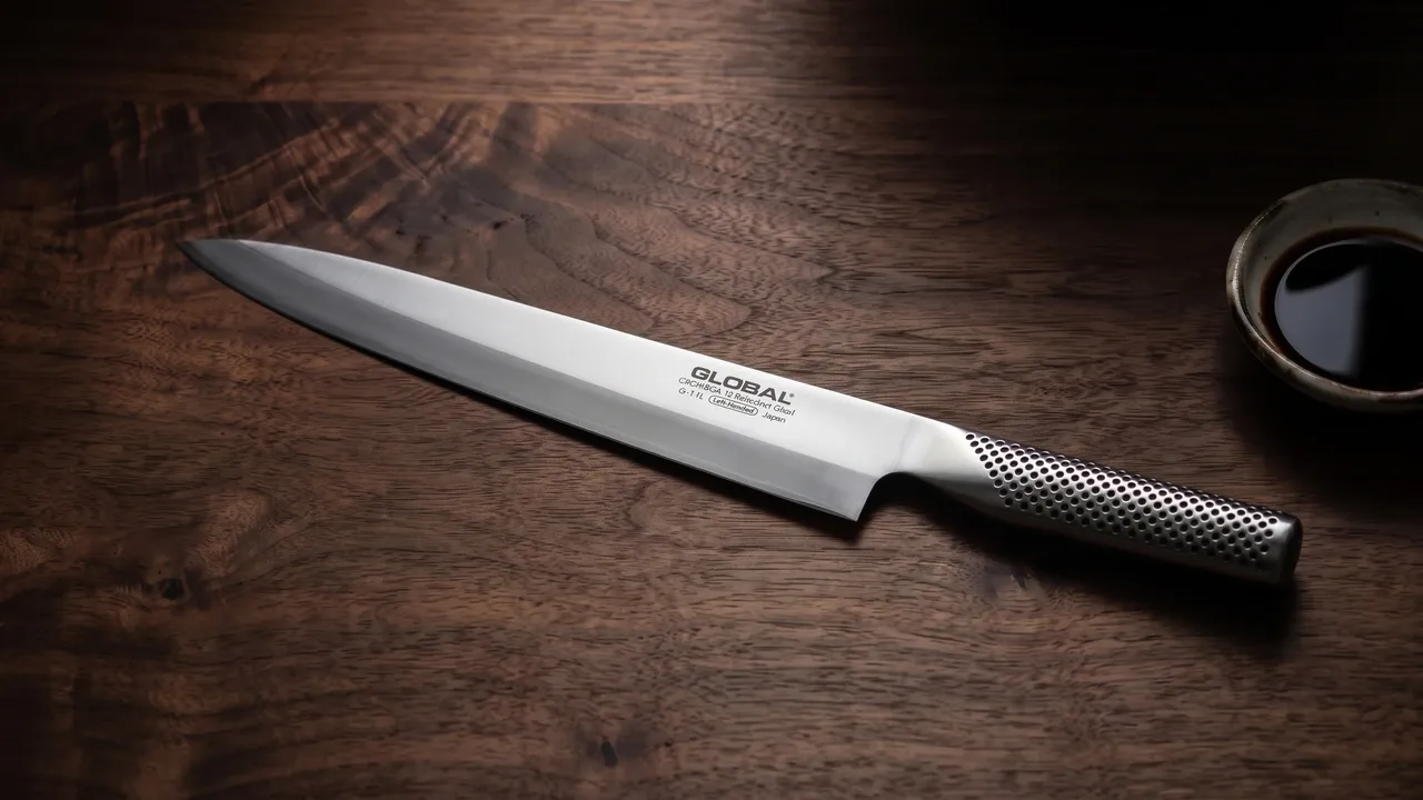 Yanagi sashimi Global G-11L para zurdos sobre nogal oscuro veteado, junto a un platito de salsa de soja