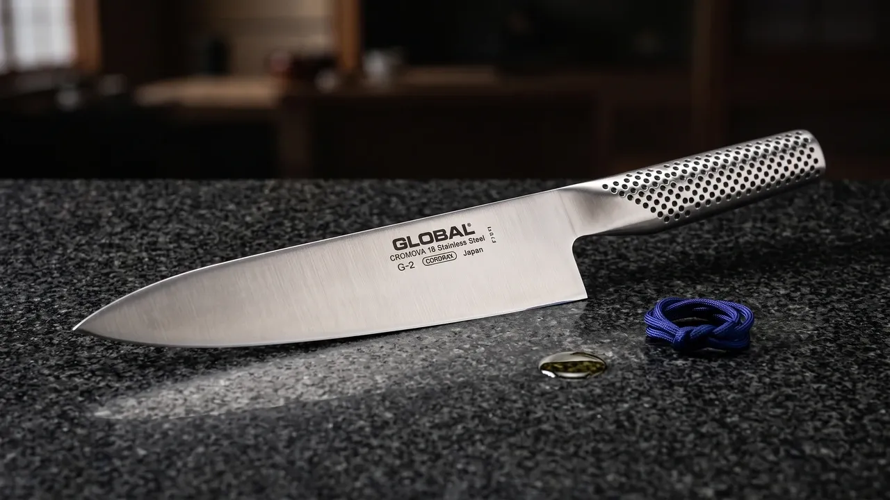 Cuchillo Global G-2 Chef de 20 cm sobre granito oscuro de grano grueso, junto a una gota de aceite de camelia y un nudo de cuerda de seda índigo