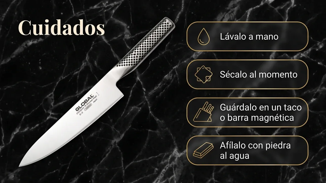 Cuidados del Global G-2 Chef: lavarlo a mano, secarlo al momento, guardarlo en taco o barra magnética y afilarlo con piedra al agua
