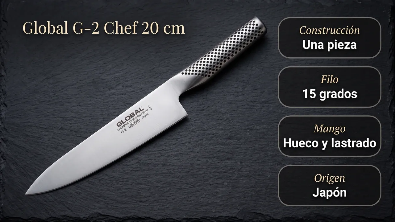 Ficha técnica del Global G-2 Chef de 20 cm: construcción de una pieza, filo a 15 grados, mango hueco y lastrado y fabricación en Japón
