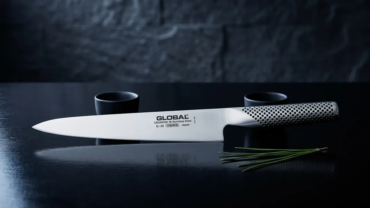 Global G-20 fileteador de 21 cm sobre madera lacada negra, junto a un pequeño incensario de cerámica y una acícula de pino negro