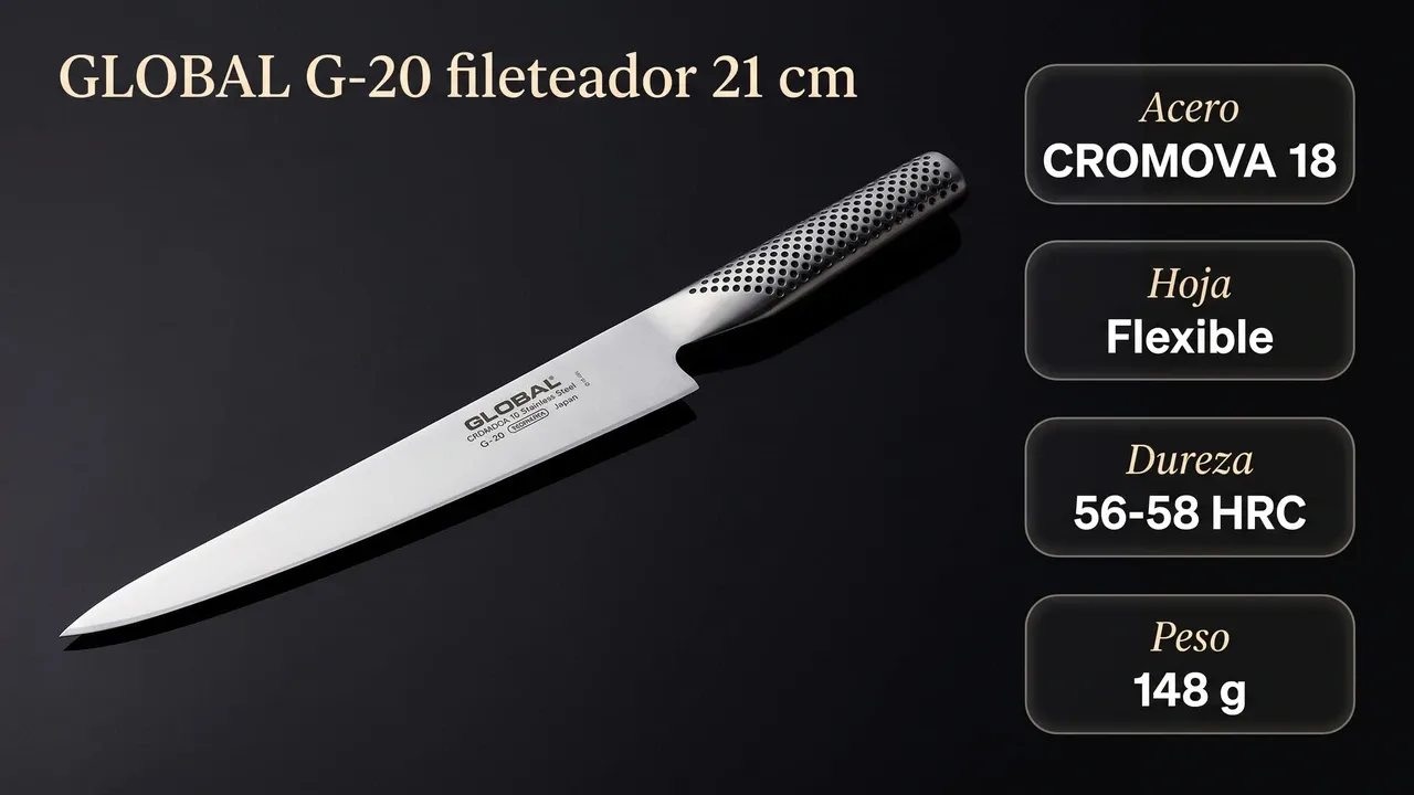 Datos del fileteador Global G-20: acero CROMOVA 18, hoja flexible, 56-58 HRC y 148 gramos