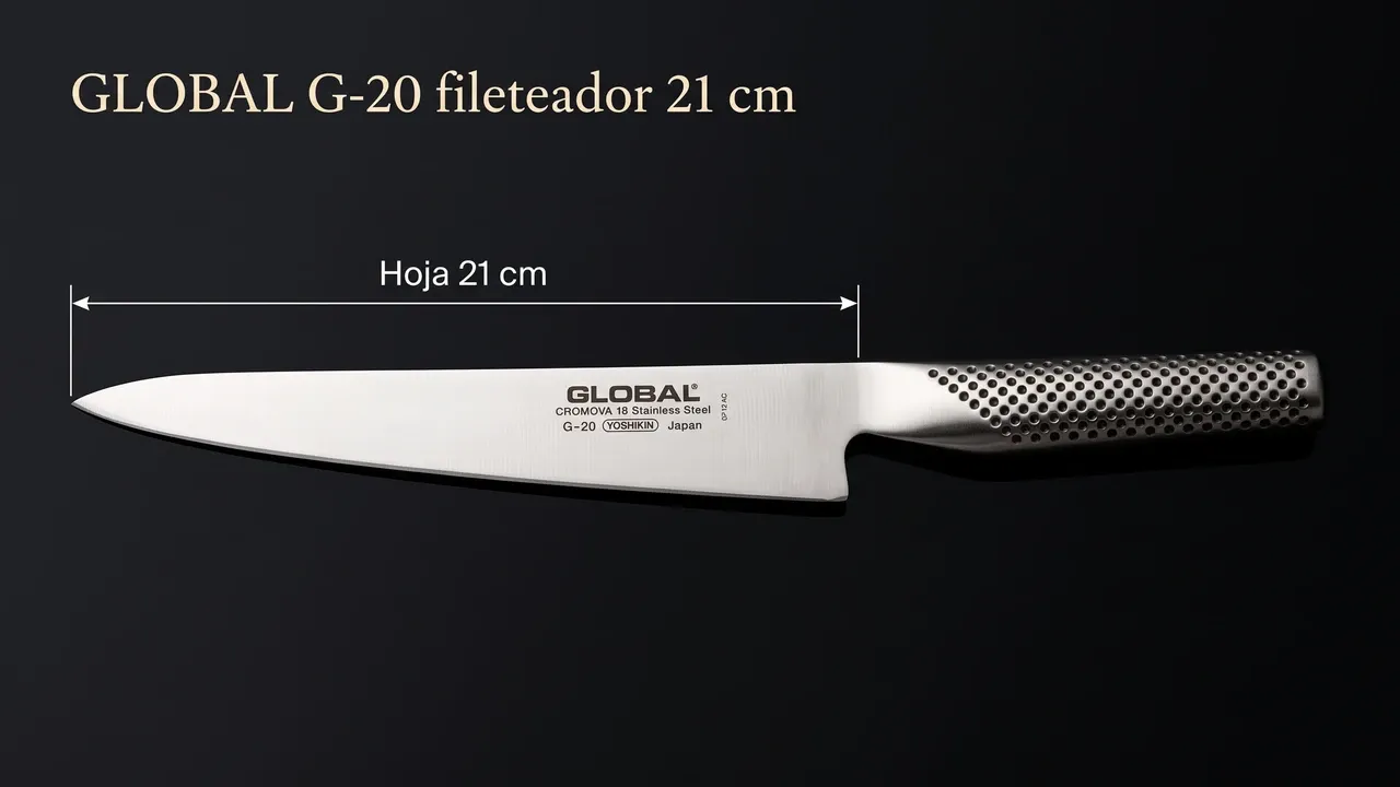 Cota de la hoja del Global G-20 sobre laca negra: 21 cm de la punta al arranque del mango
