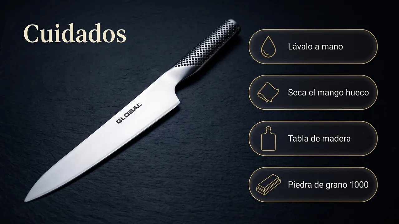 Cuidados del trinchador Global G-3 sobre pizarra: lavado a mano, secado del mango hueco, tabla de madera y piedra de grano 1000
