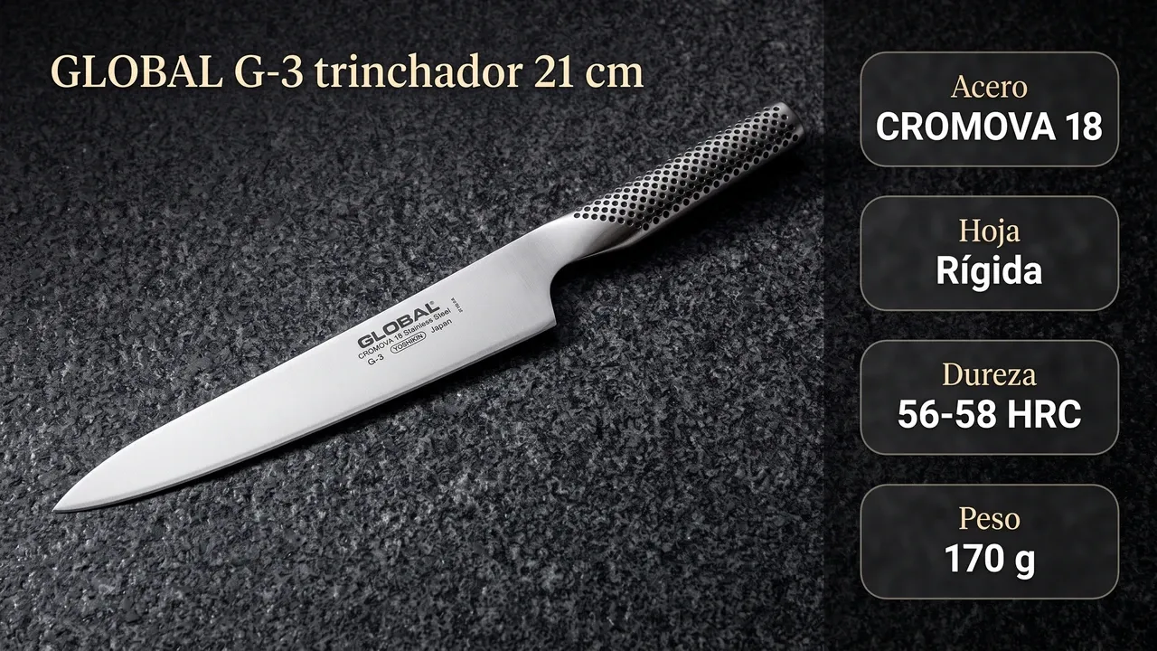 Datos del trinchador Global G-3: acero CROMOVA 18, hoja rígida, 56-58 HRC y 170 gramos de peso