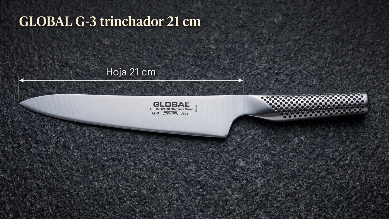 Cota de la hoja del Global G-3 sobre granito: 21 cm medidos de la punta al arranque del mango
