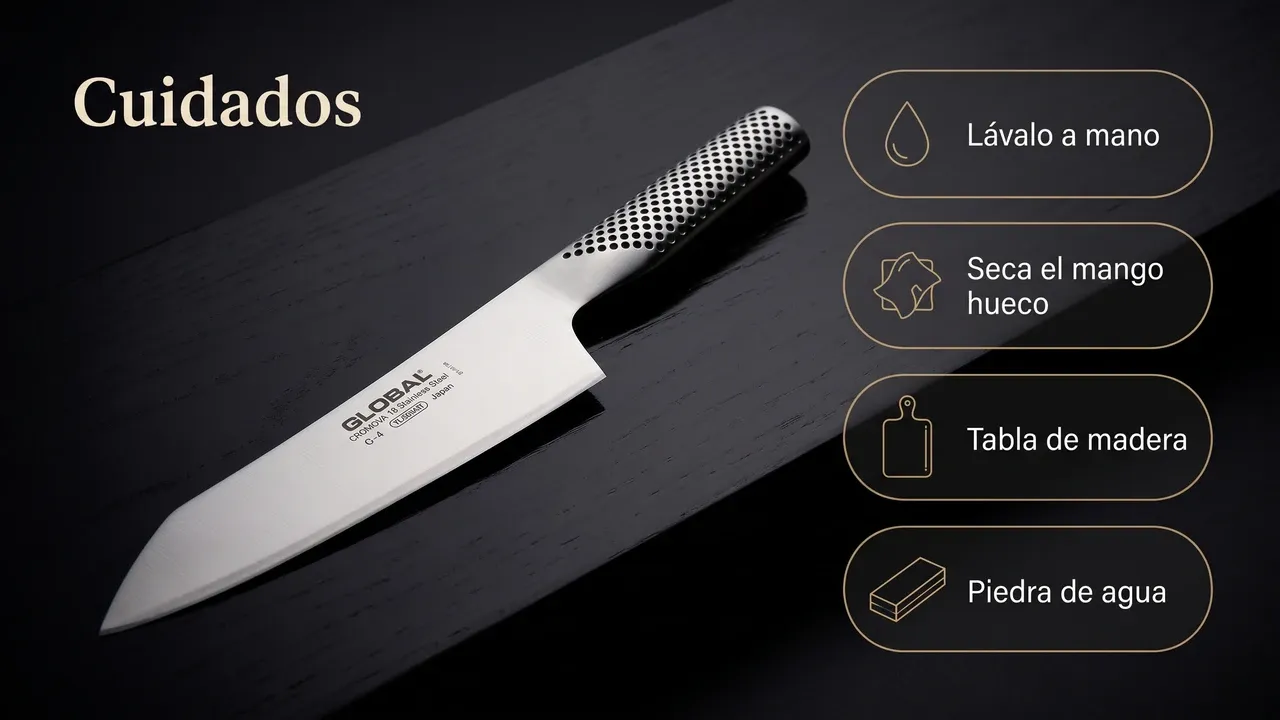 Cuidados del Global G-4 sobre madera lacada: lavado a mano, secado del mango hueco, tabla de madera y afilado con piedra de agua