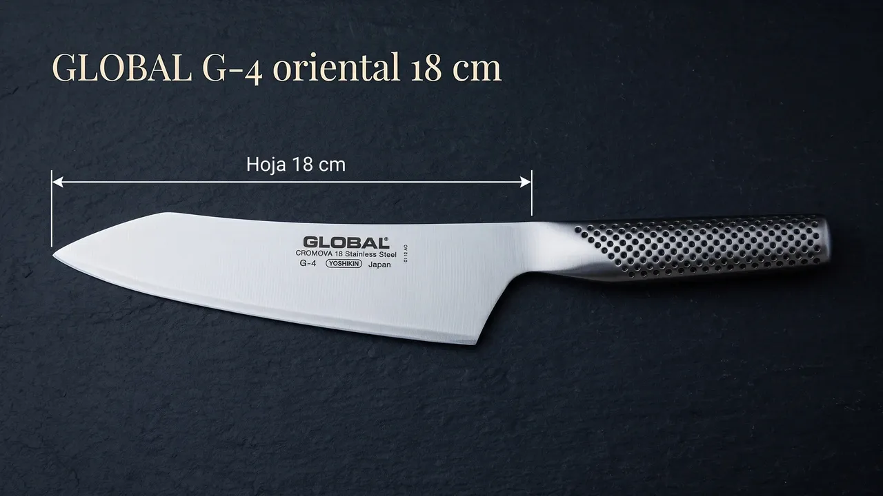 Cota de la hoja del Global G-4 oriental sobre pizarra oscura: 18 cm medidos de la punta al talón
