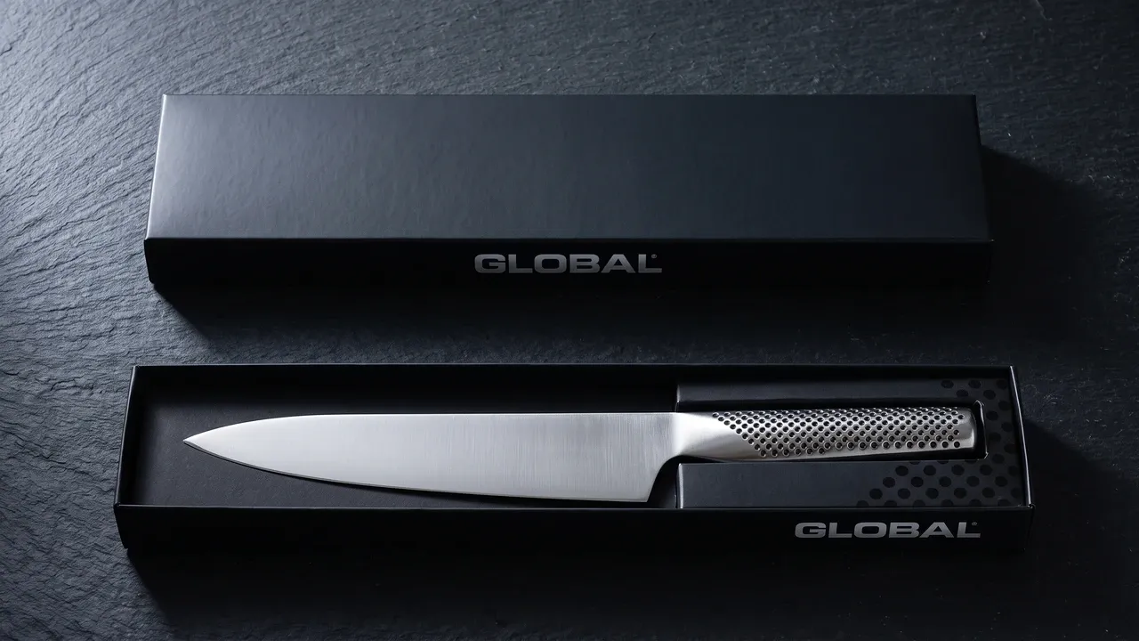 Estuche de cartón negro del Global G-4 sobre pizarra, abierto con el cuchillo dentro y la tapa cerrada al lado