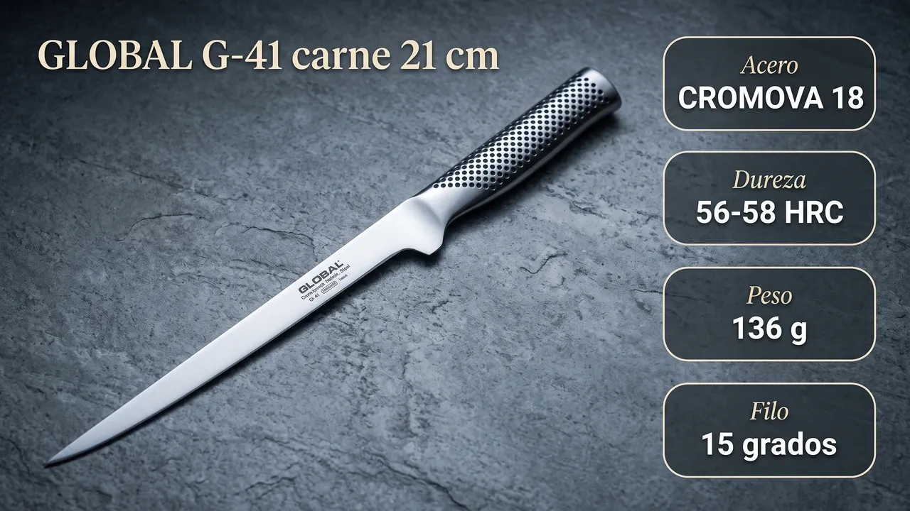 Especificaciones del Global G-41: acero CROMOVA 18, 56-58 HRC, 136 gramos de peso y filo a 15 grados