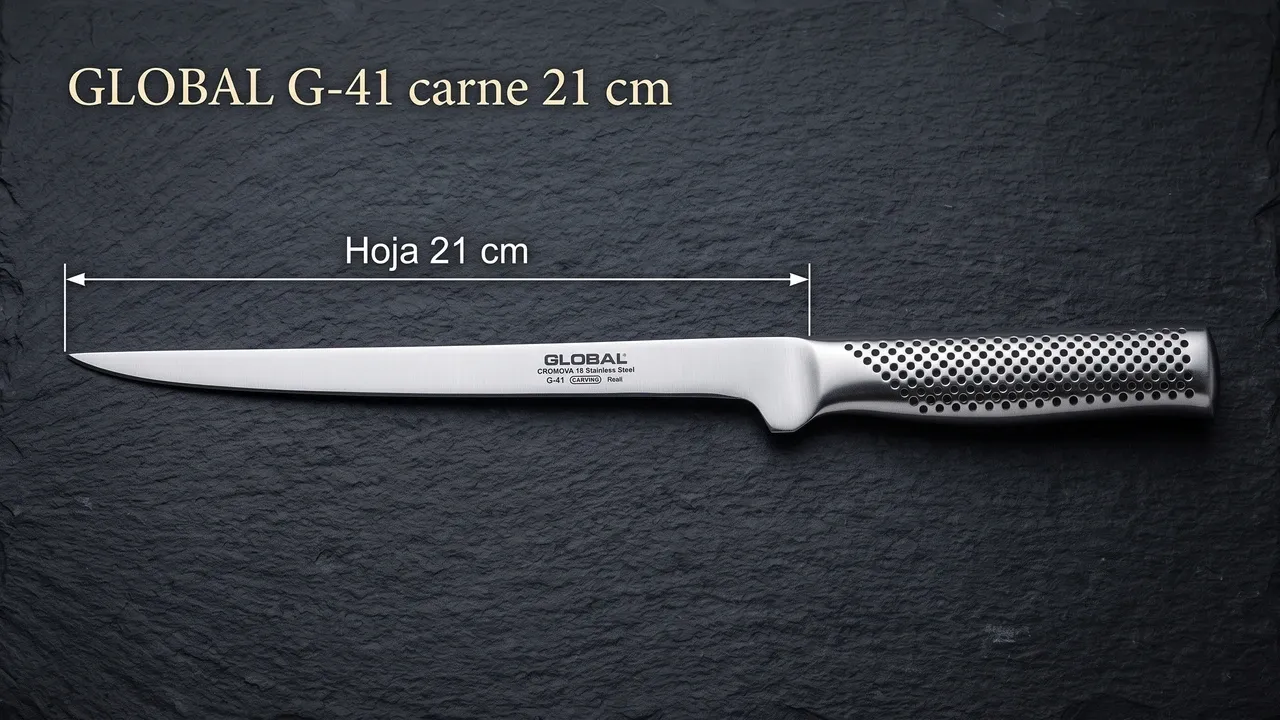 Cota de la hoja del Global G-41 sobre pizarra oscura: 21 cm medidos de la punta al arranque del mango