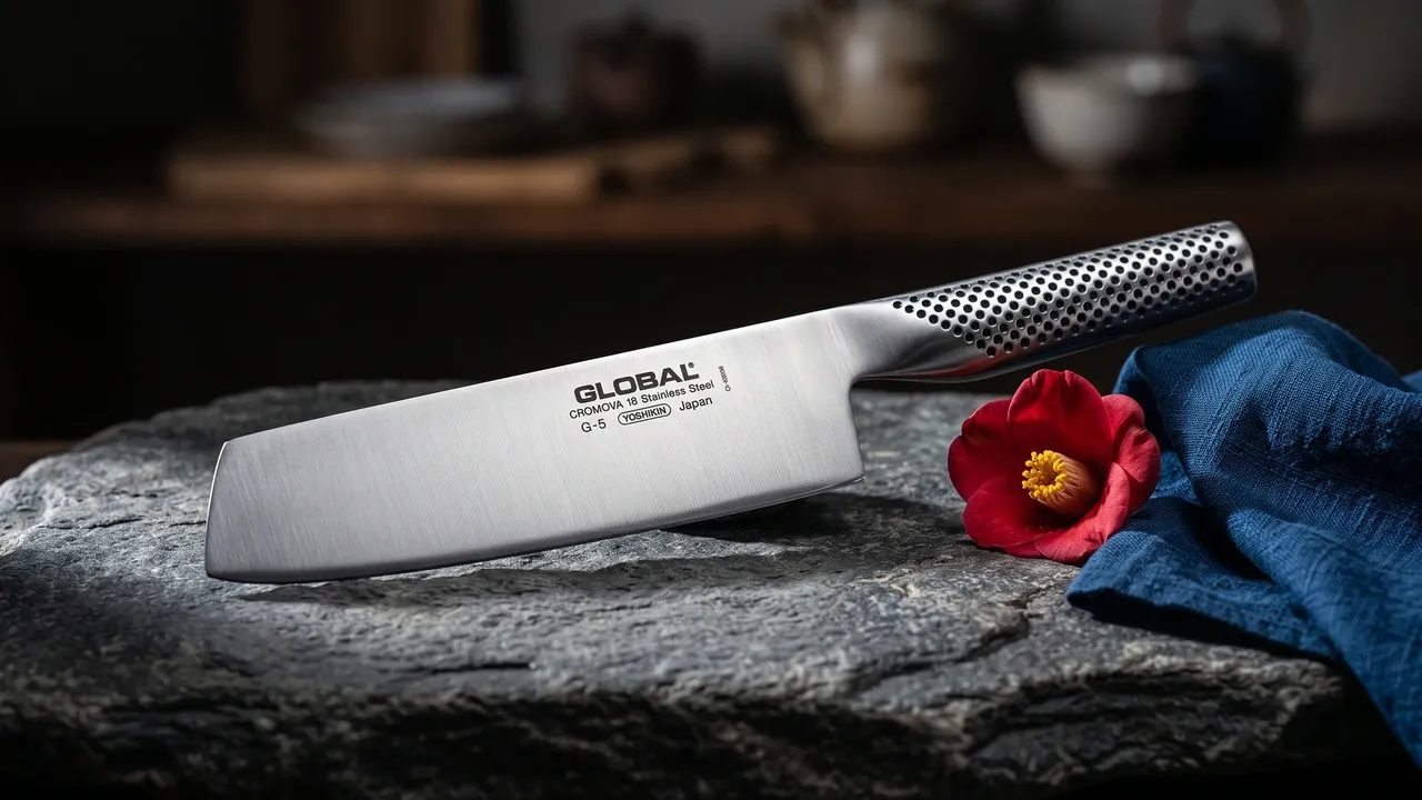 Cuchillo Global G-5 Nakiri de 18 cm sobre una losa de piedra de río, junto a una flor de tsubaki y la esquina de un furoshiki índigo