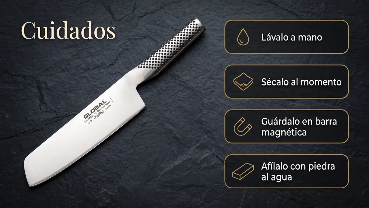 Cuidados del nakiri Global G-5: lavarlo a mano, secarlo al momento, guardarlo en barra magnética y afilarlo con piedra al agua