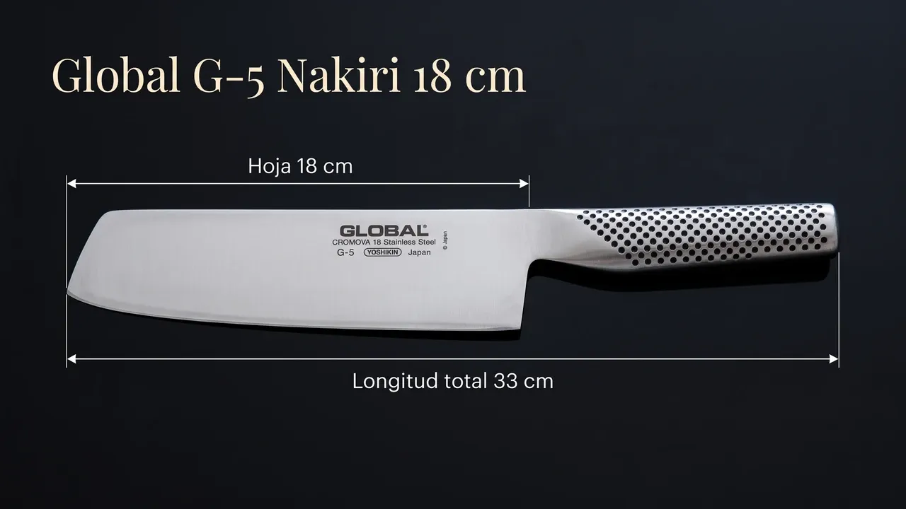 Medidas del nakiri Global G-5: hoja de 18 cm y 33 cm de longitud total, acotadas sobre laca negra