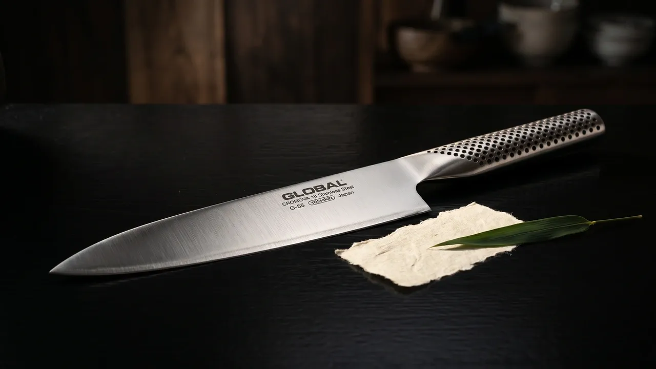 Cuchillo Global G-55 Chef de 18 cm sobre madera lacada negra, junto a un fragmento de papel washi y una hoja de bambú